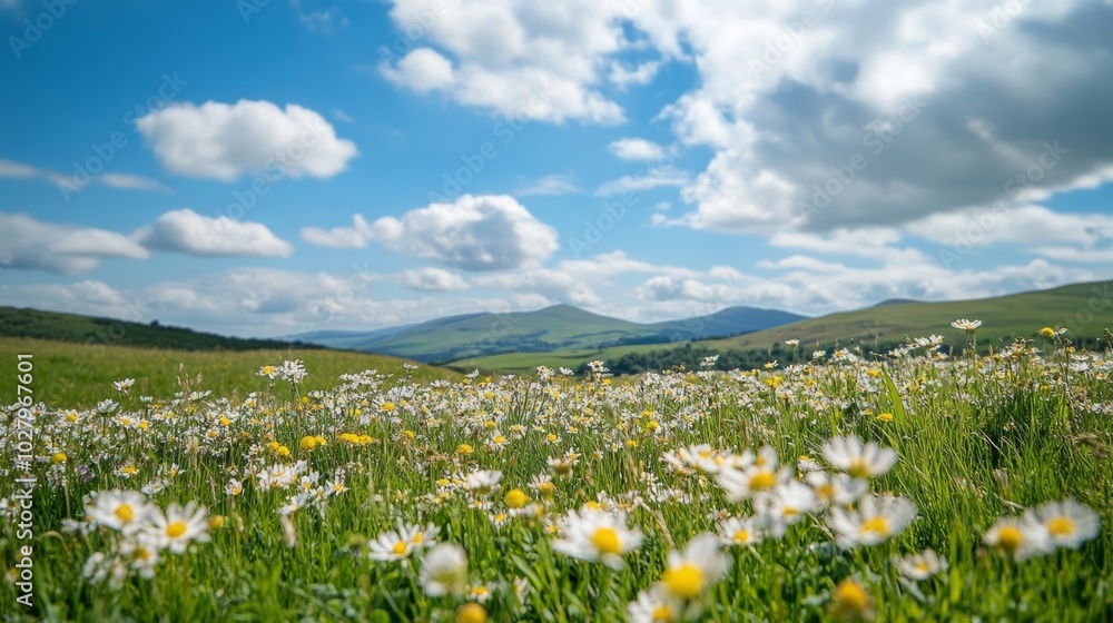 Beautiful summer landscape with daisies in a green field under a blue sky with fluffy clouds in the distance. Beautiful summer landscape with daisies in a green field under a blue sky with fluffy clouds in the distance.