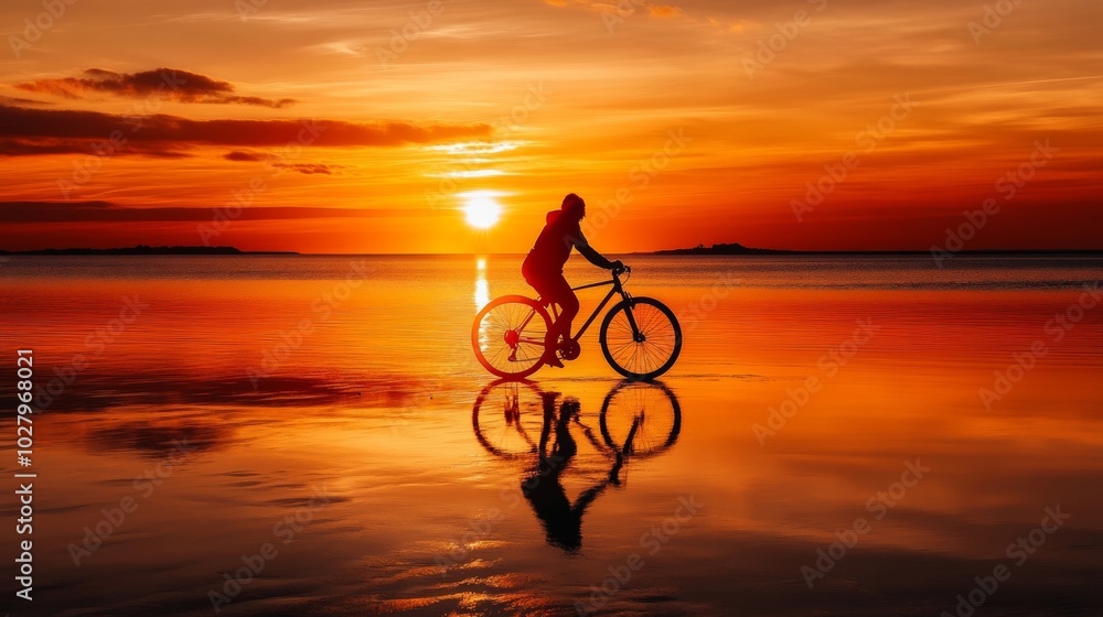 Fototapeta premium Silhouette of a cyclist riding through a sunset reflecting on calm water, creating a serene and peaceful atmosphere in nature.