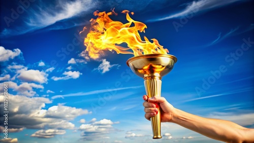 Olympic Flame Silhouette Against Blue Sky - Symbol of Unity and International Sports Games, Torch Bearer, Athletic Spirit, Inspirational Moment