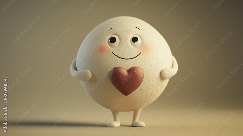 Cute round character with a heart symbol, simple and friendly 3D design for kindness and emotional themes Cute round character with a heart symbol, simple and friendly 3D design for kindness and emotional themes