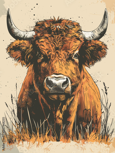 Vector illustration of a brown cow with horns on a grunge background