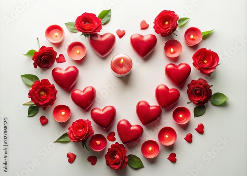 Romantic Red Hearts and Flower-Shaped Candles for Valentine's Day Love Concept - Perfect Background for Celebrations and Expressions of Affection