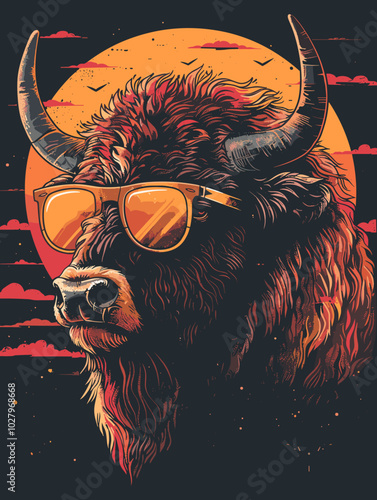 Vector illustration of bison head with sunglasses and sun on the background