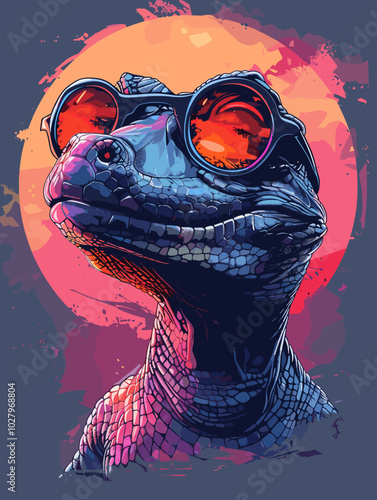 Vector illustration of a crocodile with sunglasses on a grunge background.