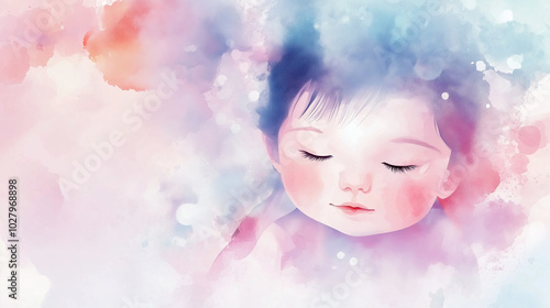 Dreamy watercolor painting of a sleeping baby, soft pastel colors for children’s illustrations and art prints