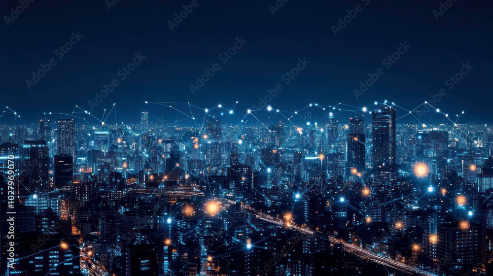 Fototapeta premium Night cityscape with glowing lights and connecting lines, symbolizing technology and connectivity.