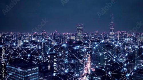 A nighttime aerial view of a futuristic city skyline with glowing lines connecting buildings, representing the interconnectedness of the modern world.