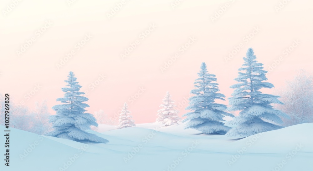 Fototapeta premium A Tranquil Snowy Landscape with Pine Trees in Soft Pastel Colors, Featuring a Gentle Gradient Background of Light Pink and Sky Blue.