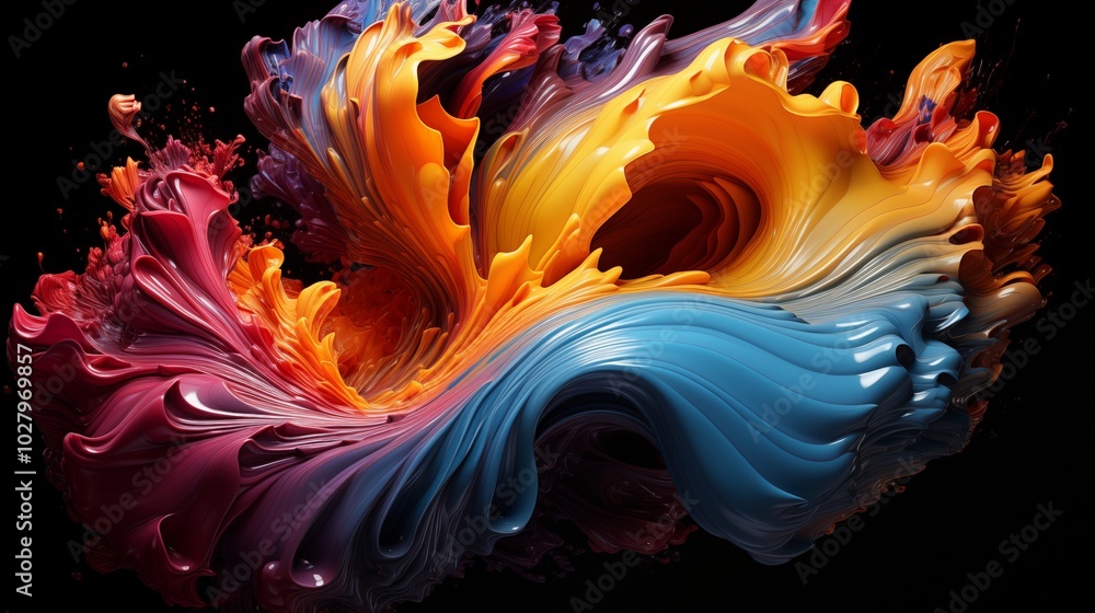 Abstract circle liquid motion flow explosion. Curved wave colorful pattern with paint drops on black background Abstract circle liquid motion flow explosion. Curved wave colorful pattern with paint drops on black background