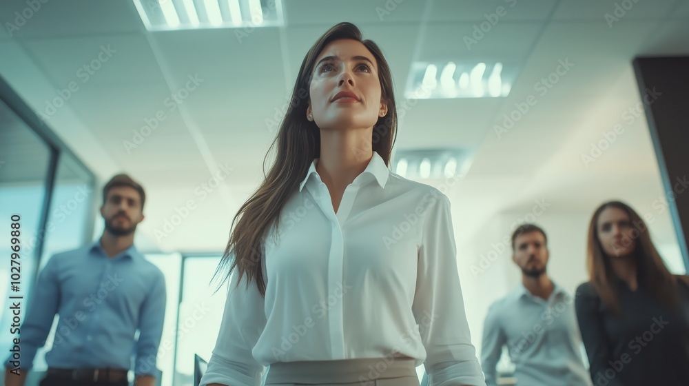 Obraz premium Confident Female Leader Walking with Team in Modern Office Setting
