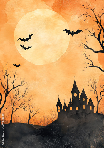 halloween night background orange distressed sky spooky tree bats black haunted house watercolor style card invitation background party invite backdrop space for text moon
