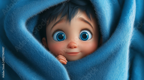 Cute cartoon baby with big blue eyes wrapped in a soft blue blanket, adorable 3D character design for children's media and illustrations