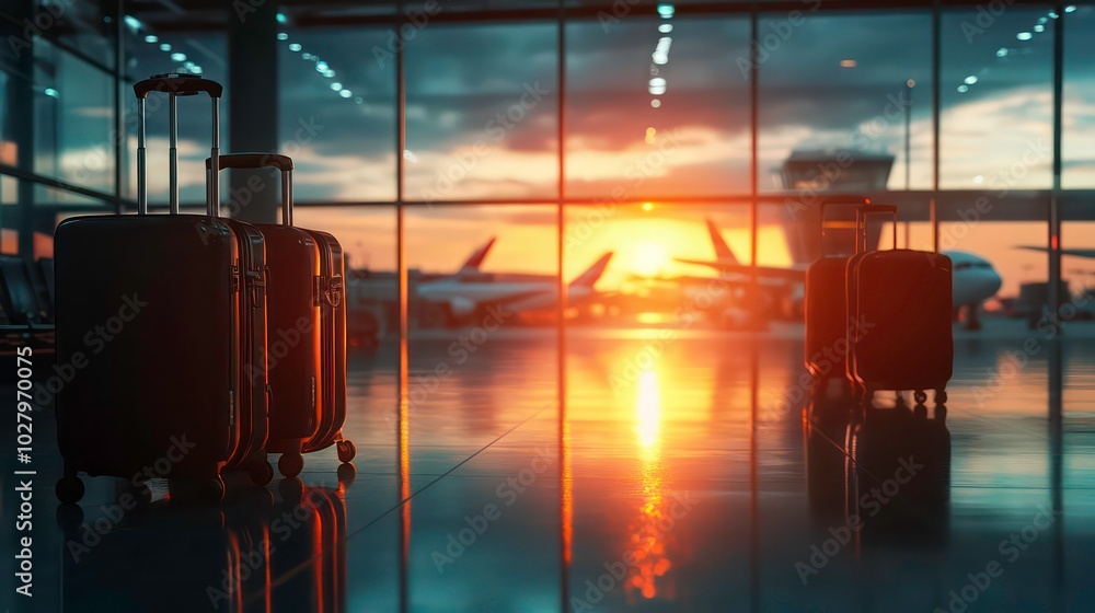 Three suitcases stand in an airport terminal with a beautiful sunset and airplanes in the background. Three suitcases stand in an airport terminal with a beautiful sunset and airplanes in the background.