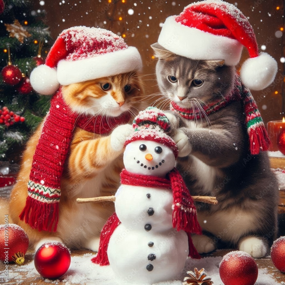 two cats in Christmas hats and scarves making a snowman two cats in Christmas hats and scarves making a snowman