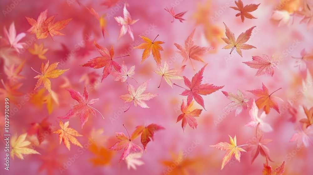 Vivid autumn leaves, ablaze with hues of pink, orange, and yellow, descend gracefully through the air against a vibrant pink backdrop, as if suspended in a realm of zero gravity. Vivid autumn leaves, ablaze with hues of pink, orange, and yellow, descend gracefully through the air against a vibrant pink backdrop, as if suspended in a realm of zero gravity.