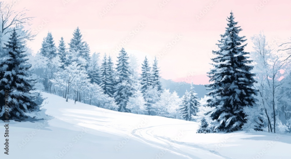 A Tranquil Snowy Landscape with Pine Trees in Soft Pastel Colors, Featuring a Gentle Gradient Background of Light Pink and Sky Blue. A Tranquil Snowy Landscape with Pine Trees in Soft Pastel Colors, Featuring a Gentle Gradient Background of Light Pink and Sky Blue.