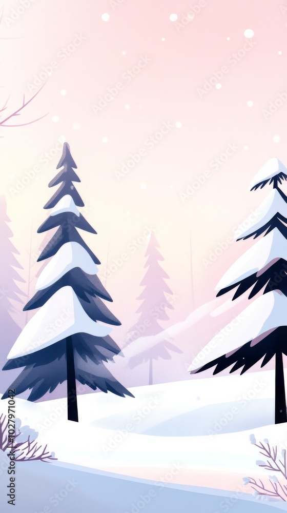 Obraz premium A Tranquil Snowy Landscape with Pine Trees in Soft Pastel Colors, Featuring a Gentle Gradient Background of Light Pink and Sky Blue.
