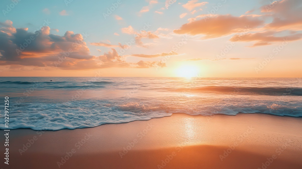 A vibrant sunset over a calm ocean with gentle waves crashing on the sandy shore. The sky is filled with clouds reflecting the golden light of the setting sun. A vibrant sunset over a calm ocean with gentle waves crashing on the sandy shore. The sky is filled with clouds reflecting the golden light of the setting sun.