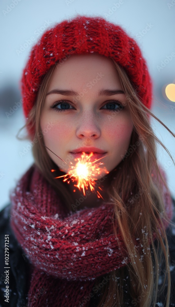 Young woman with long blonde hair wearing a red knit hat and scarf holding a sparkler in front of her mouth. Young woman with long blonde hair wearing a red knit hat and scarf holding a sparkler in front of her mouth.