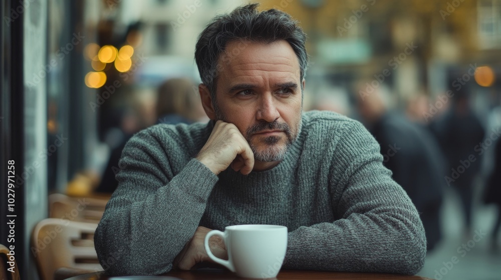 Man in a cozy sweater enjoying a cup of coffee at a cafe, lost in thought amidst the bustling city scene around him.