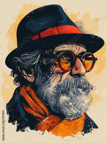 Hipster old man with beard and mustache. Vector illustration.