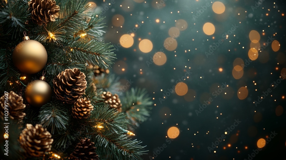 Christmas tree with golden baubles, fir cones and lights bokeh background. Space for text. Copy space. Greeting card. Christmas tree with golden baubles, fir cones and lights bokeh background. Space for text. Copy space. Greeting card.