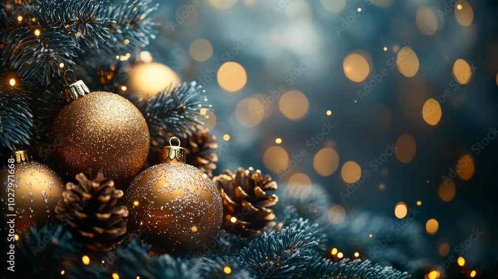 Christmas tree with golden baubles, fir cones and lights bokeh background. Space for text. Copy space. Greeting card. Christmas tree with golden baubles, fir cones and lights bokeh background. Space for text. Copy space. Greeting card.