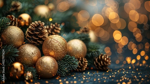 Christmas tree with golden baubles, fir cones and lights bokeh background. Space for text. Copy space. Greeting card.