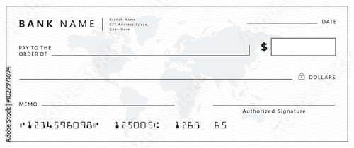 White bank check cheque voucher mockup with world amp	