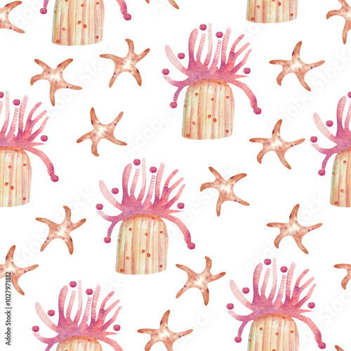 Fairy tale watercolor seamless pattern underwater life  with  starfish and sea anemone.  Background for wrapping paper, fabrics, decor, banners, cover.