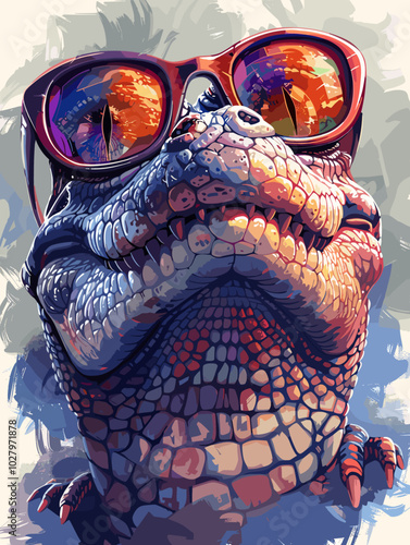 Crocodile in sunglasses. Vector illustration. Grunge effect.