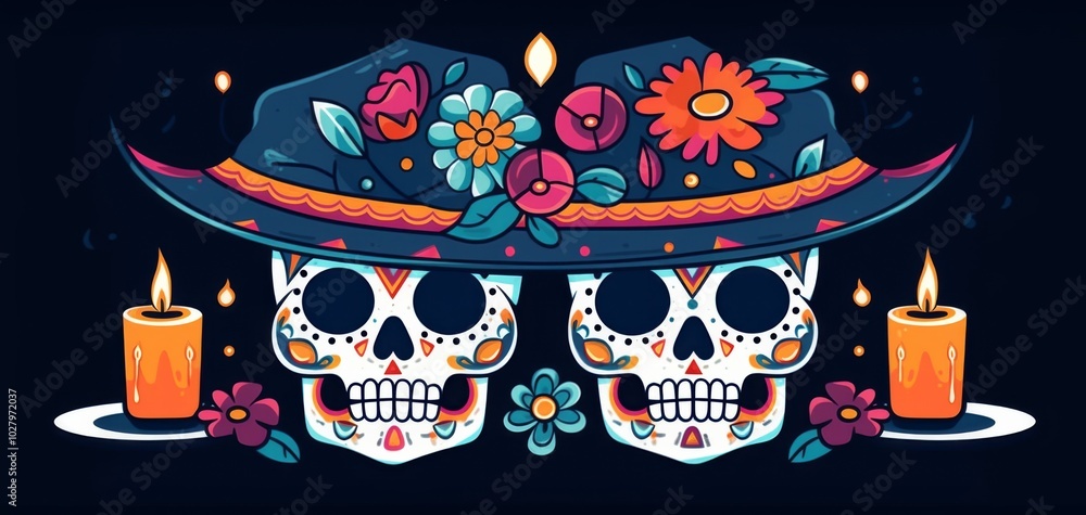 Day of the Dead Logo Featuring Masks, Skulls, and Sombrero with Colorful Patterns on Dark Blue Background. Day of the Dead Logo Featuring Masks, Skulls, and Sombrero with Colorful Patterns on Dark Blue Background.