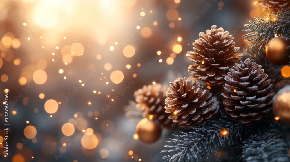 Christmas tree with golden baubles, fir cones and lights bokeh background. Space for text. Copy space. Greeting card. Christmas tree with golden baubles, fir cones and lights bokeh background. Space for text. Copy space. Greeting card.
