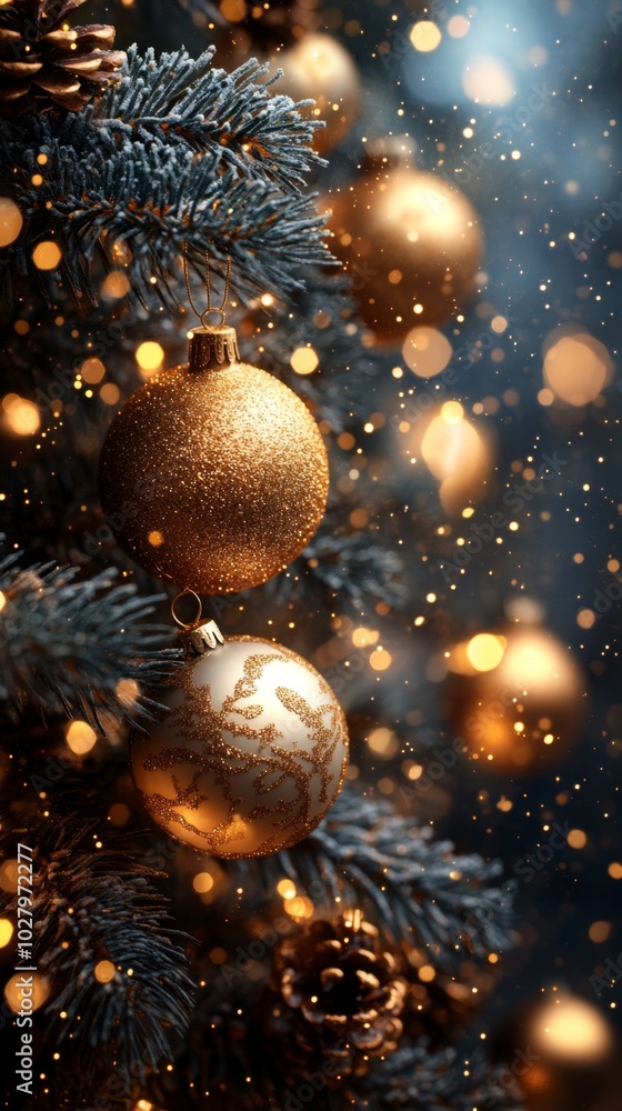 Christmas tree with golden baubles, fir cones and lights bokeh background. Space for text. Copy space. Greeting card. Christmas tree with golden baubles, fir cones and lights bokeh background. Space for text. Copy space. Greeting card.