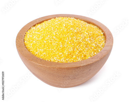 Raw cornmeal in bowl isolated on white