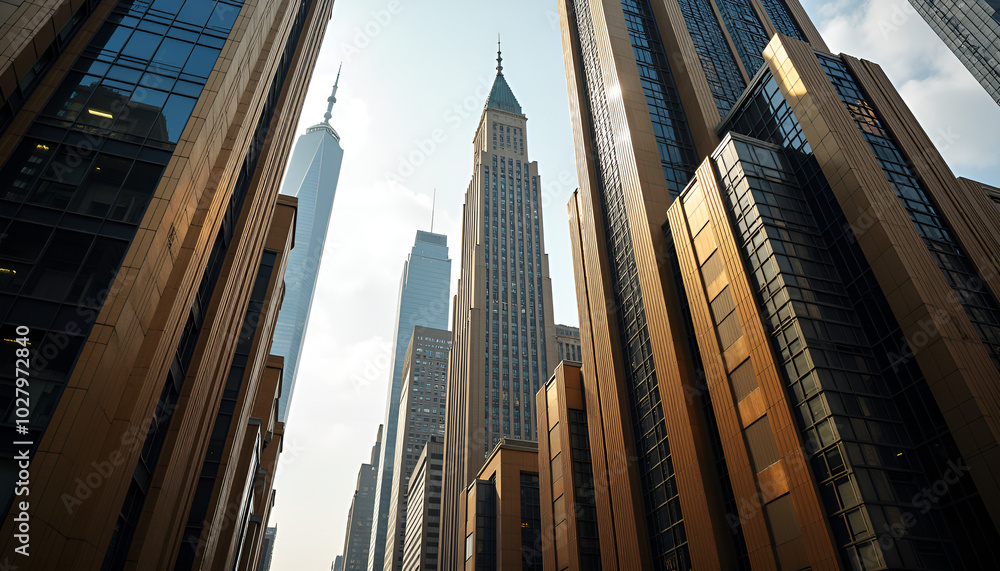 Skyscrapers in New York City under bright sunlight with a city landscape Skyscrapers in New York City under bright sunlight with a city landscape