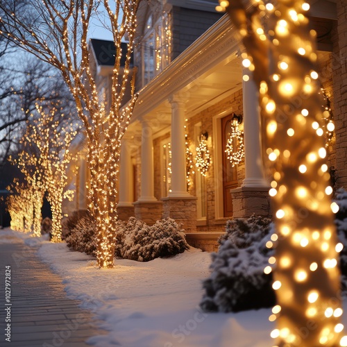 A snowy suburban street lined with trees decorated with twinklin photo