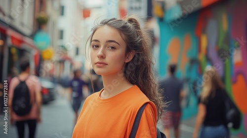 Young woman wearing orange shirt standing in a vibrant urban setting. Colorful murals and a lively crowd define the scene.