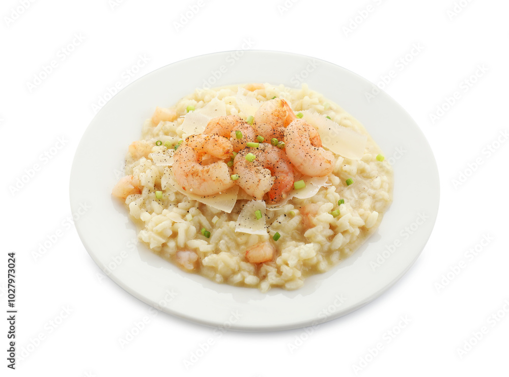 Delicious risotto with shrimps and cheese isolated on white Delicious risotto with shrimps and cheese isolated on white