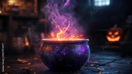 A bubbling cauldron with purple smoke and a Jack-o'-lantern in the background.