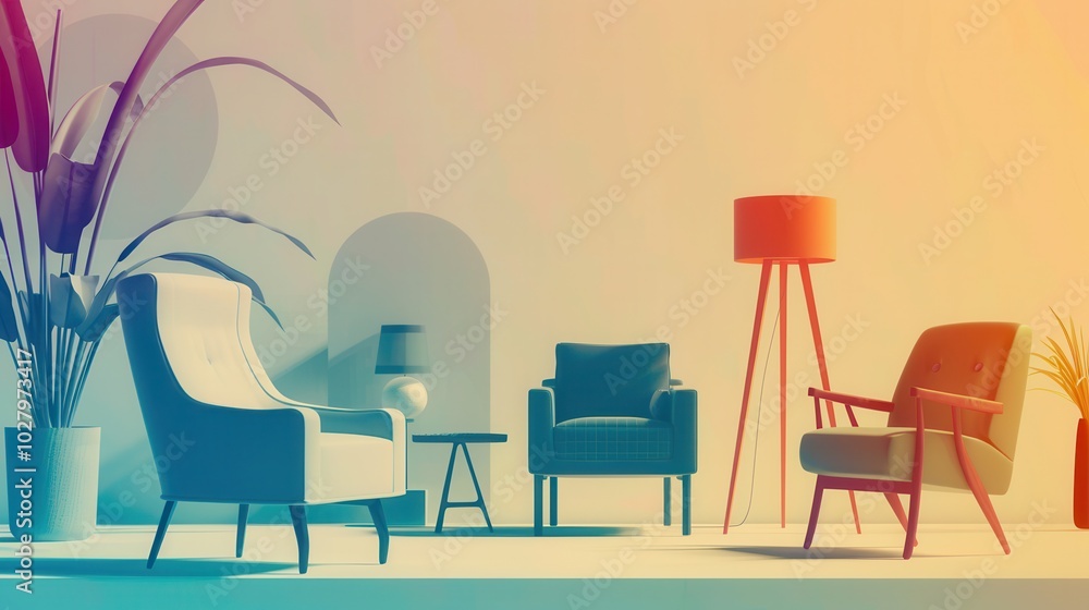 Fototapeta premium Various silhouettes of furniture pieces, including armchairs, a lamp, and a table, create a stylish atmosphere with a vibrant gradient background. Generative AI