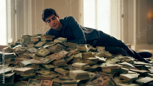 Man looking confused lying on a lot of money