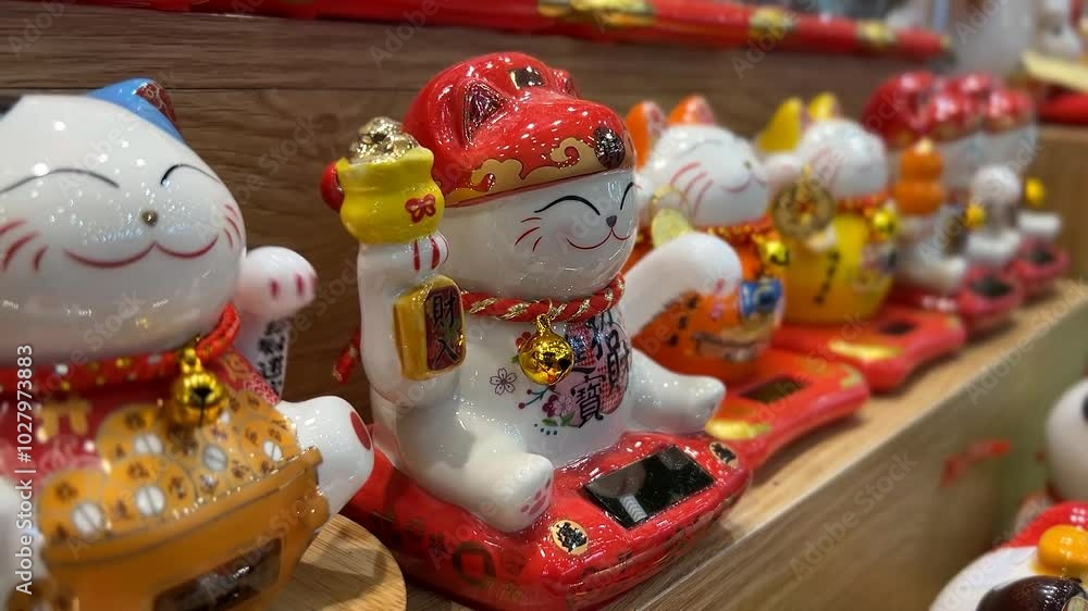Colorful ceramic Maneki-neko figurines lined up on wooden shelves, symbolizing good luck and prosperity related to Asian culture and Lunar New Year celebrations Colorful ceramic Maneki-neko figurines lined up on wooden shelves, symbolizing good luck and prosperity related to Asian culture and Lunar New Year celebrations