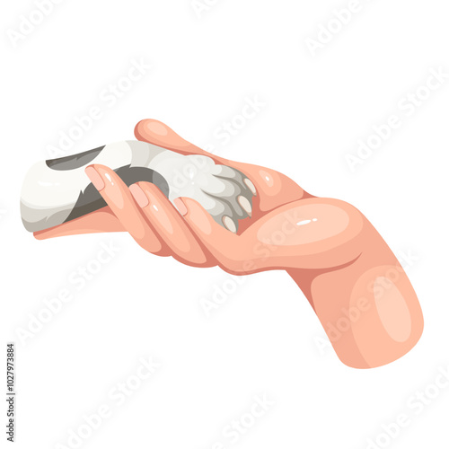 Human cartoon hand holding paw of cat with love. Funny animal foot in palm of man. Support and help, animal training mascot, cartoon friendship gesture of cute cat and pet owner vector illustration