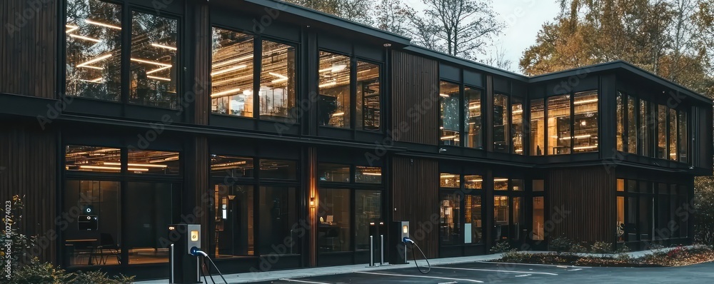 Obraz premium Long shot of a two-story modern office building with dark wood and black metal panels, electric charging station by large windows