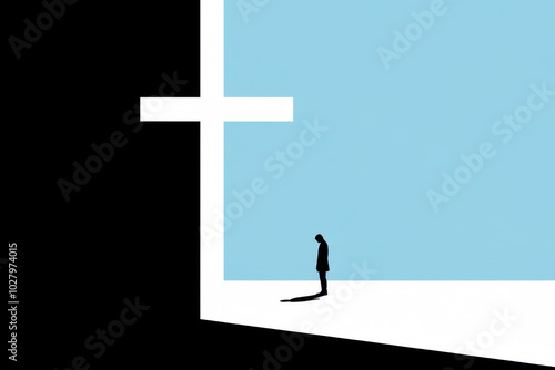 Conceptual illustration symbolizes religion, church, faith and humility, human frailty and eternity, salvation and hope concept. Large white cross and small black silhouette of lonely penitent man