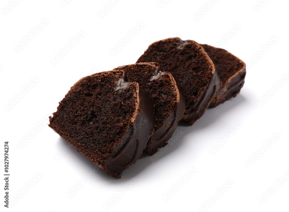 Slices of tasty chocolate sponge cake isolated on white Slices of tasty chocolate sponge cake isolated on white