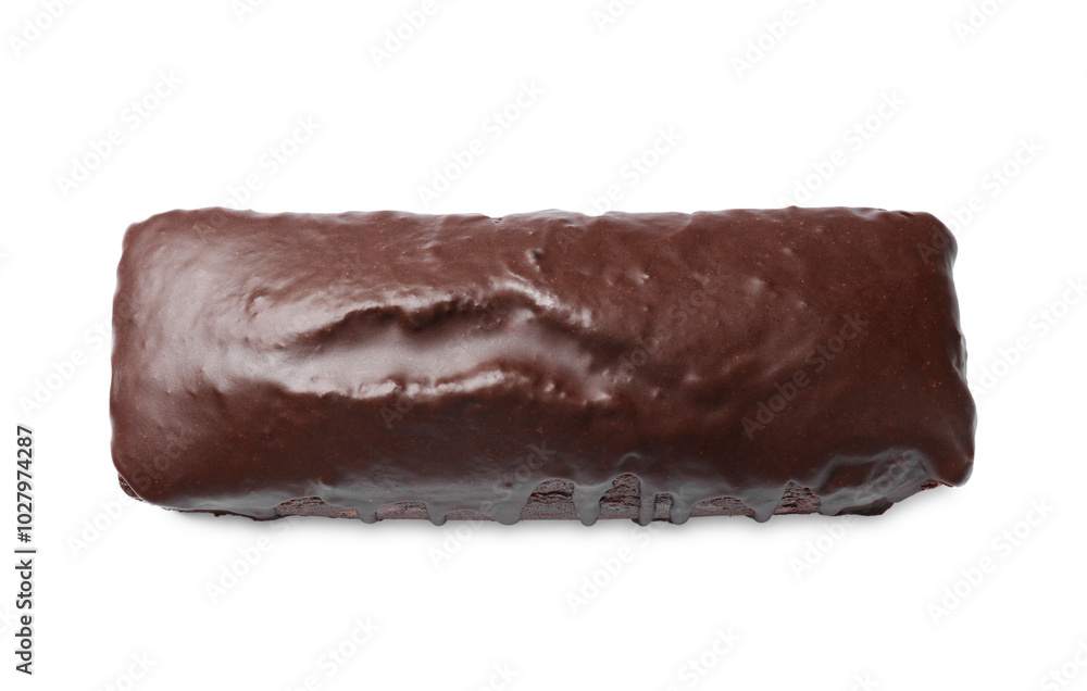 Tasty chocolate sponge cake isolated on white, above view Tasty chocolate sponge cake isolated on white, above view