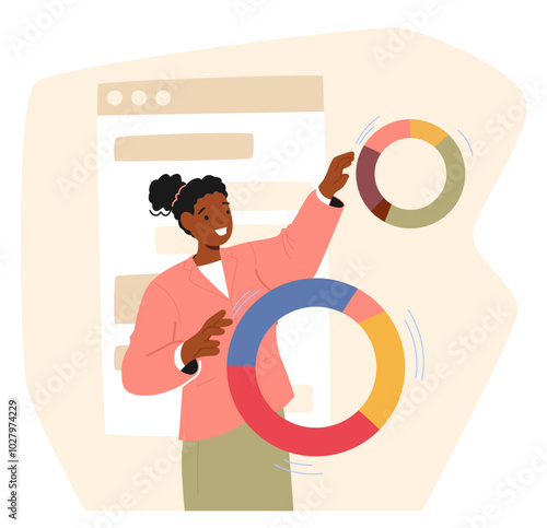 Woman In A Pink Jacket Interacts With Floating Pie Charts And Data Visualizations On A Digital Interface
