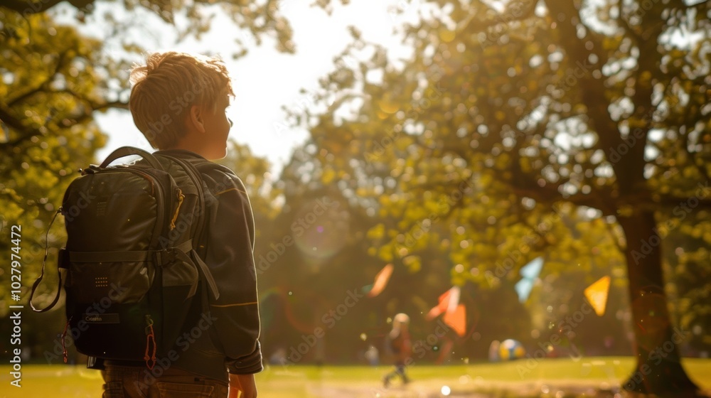 A young boy stands in a sunlit park, looking ahead with a backpack. Trees and colorful flags surround him, creating a joyful scene. A young boy stands in a sunlit park, looking ahead with a backpack. Trees and colorful flags surround him, creating a joyful scene.